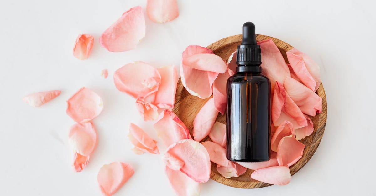 Top view of empty brown bottle for skin care product placed on wooden plate with fresh pink rose petals on white background isolated